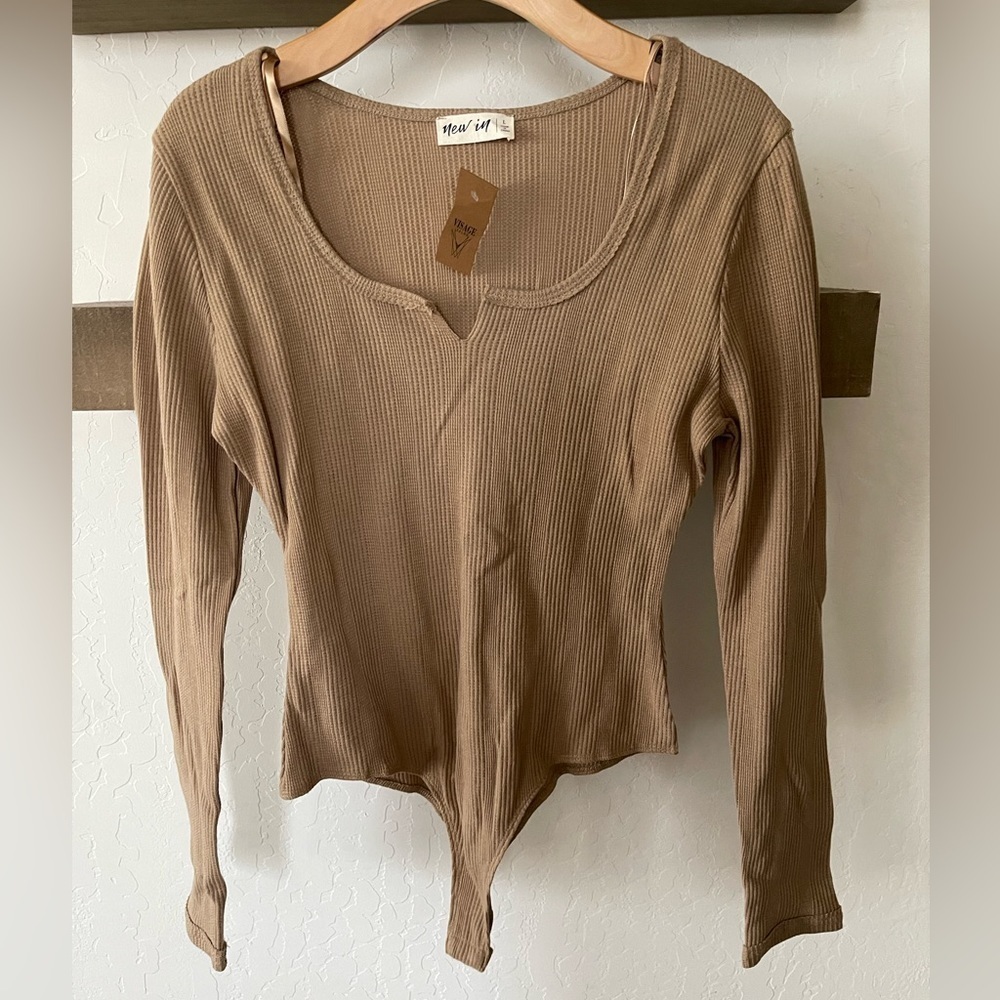 New In| Waffle Knit Tan Long Sleeve Bodysuit•••NWT, Brown Thermal Onesie